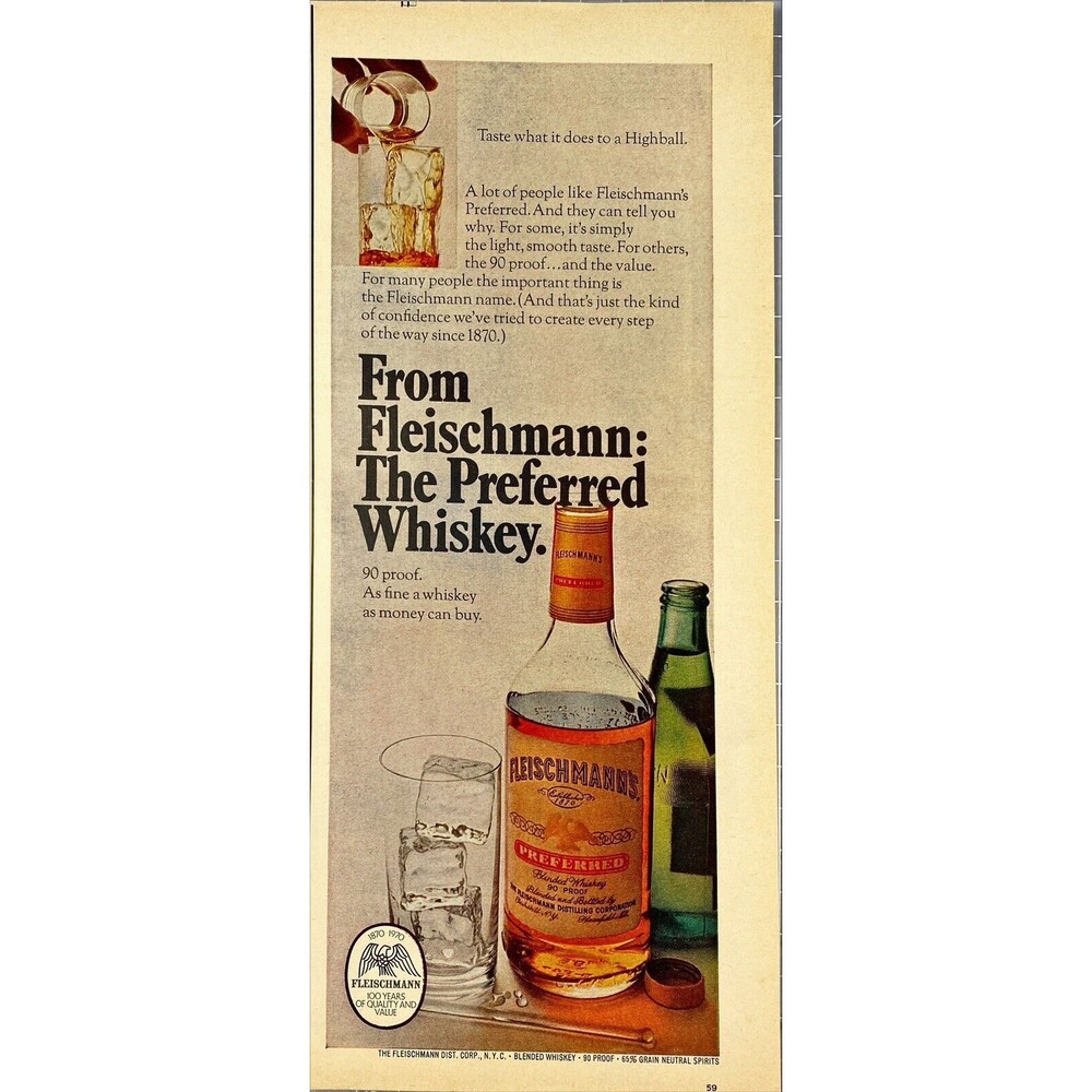 Fleischmann "The Preferred Whiskey" Vintage Print Ad 1970